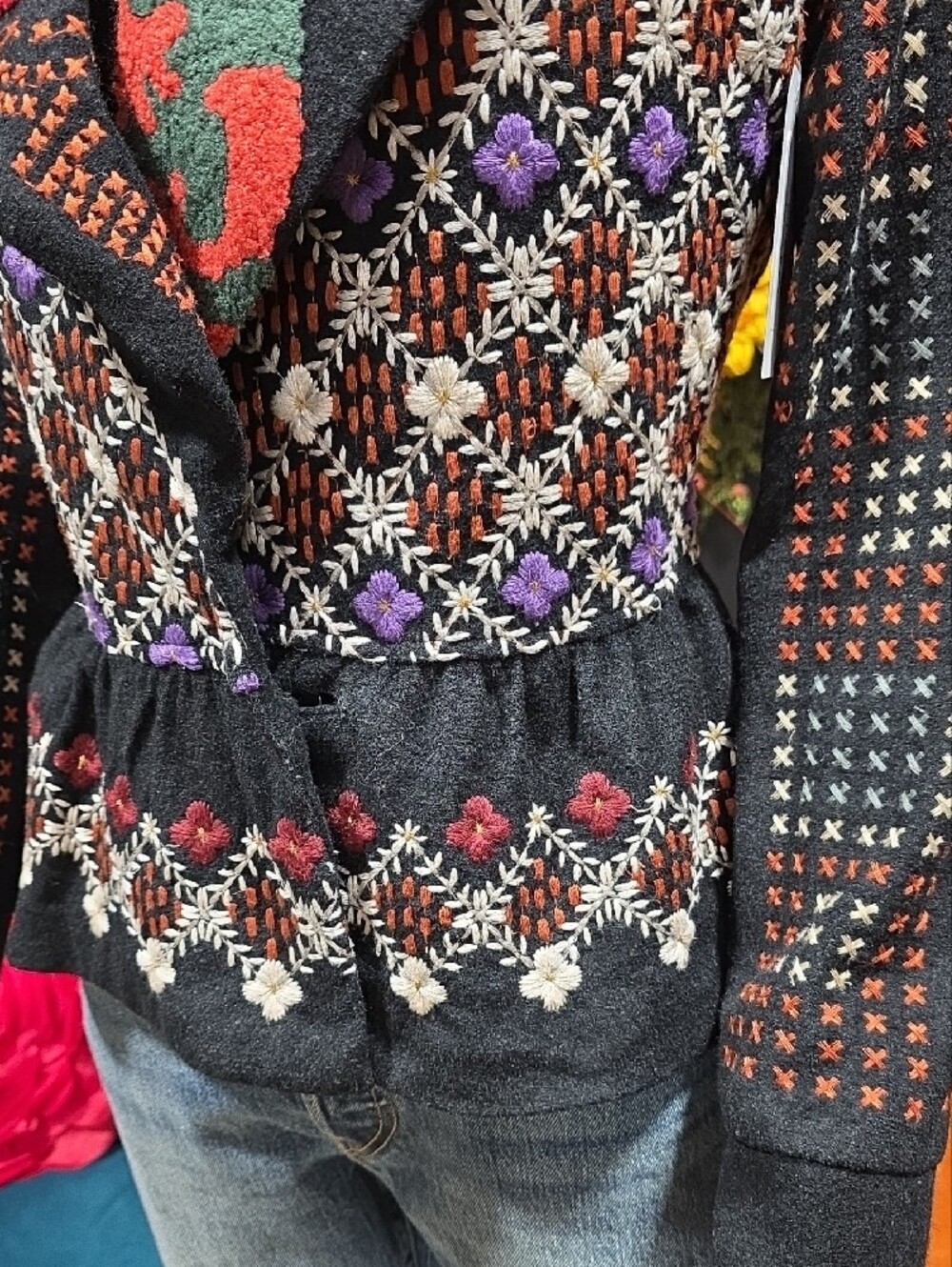 RARE! Hazel Black Embroidered Shawl Collar Blazer with Multicolor Accents - Picture 4 of 15